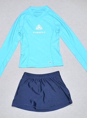 美国原单FIRE****蓝色长袖上衣宝蓝裤海滩泳池分体泳衣女童中小童