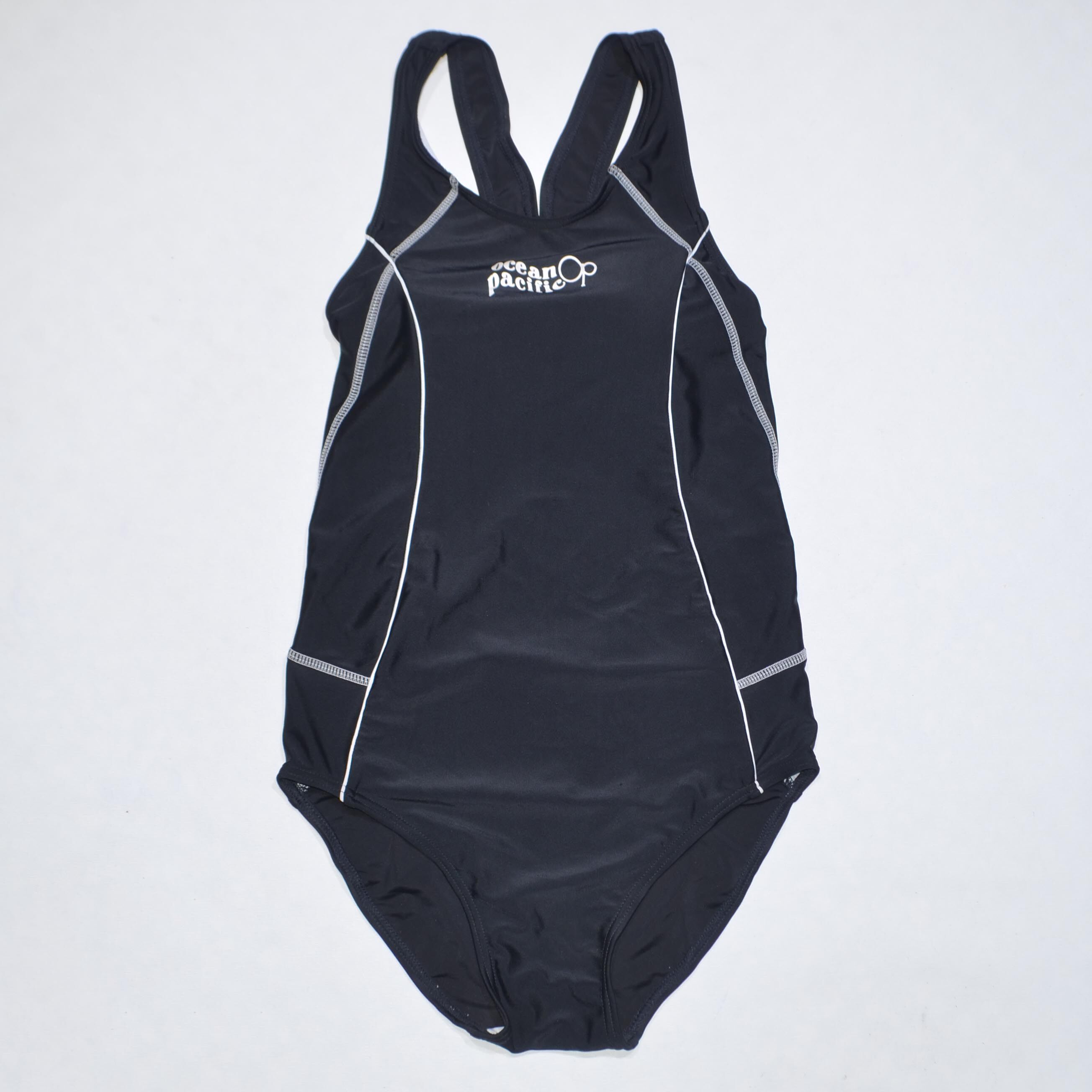 美国原单OCEA****黑色配白边无胸垫竞速运动款连体泳衣女童中大童