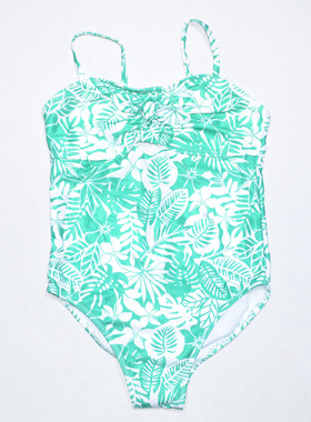 美国原单GEOR****白底绿叶子花蝴蝶结海滩泳池连体泳衣女童中大童