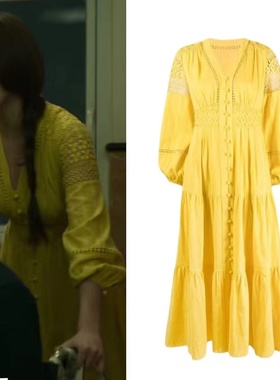 法国MK&DK玫瑰的故事刘亦菲同款黄色裙子女法式气质收腰连衣长裙