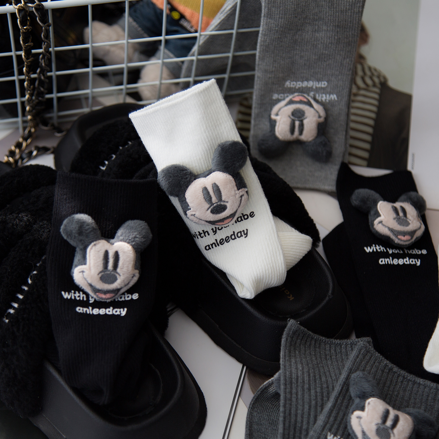 外穿字母灰色M奇头堆堆袜长筒