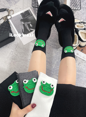 ilookwazi搭小皮鞋外穿纯色长筒堆堆袜绿色毛线青蛙黑色中筒袜棉