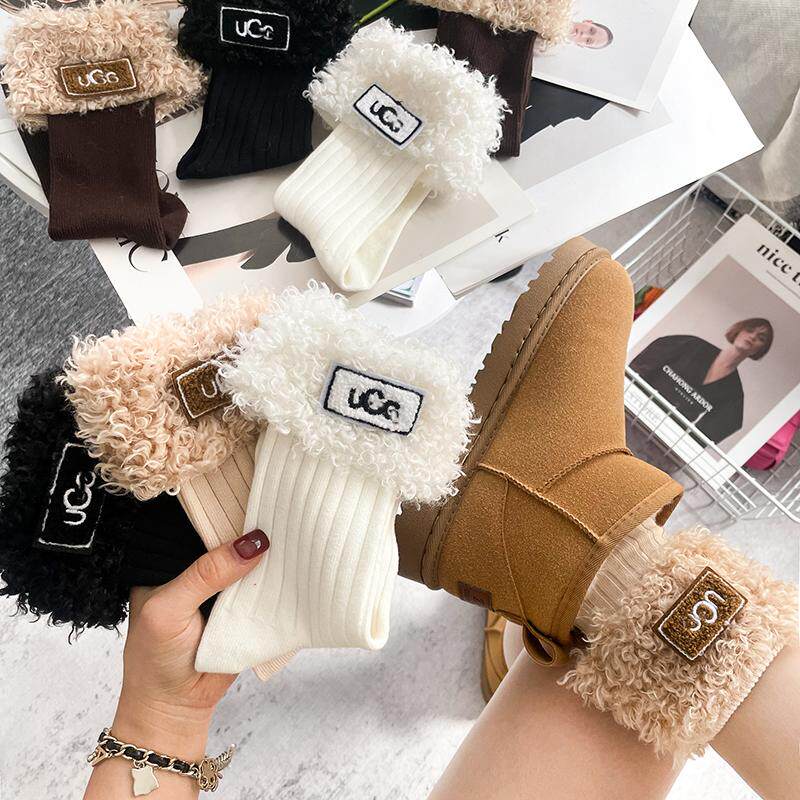 保暖毛绒罗口翻边中筒堆堆袜