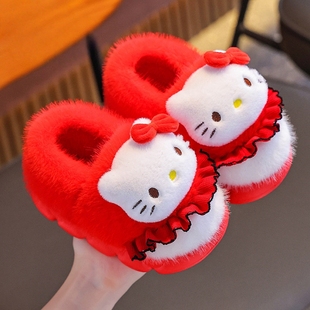 凯蒂猫儿童包跟棉鞋新年红色本命年女童保暖加绒毛毛Kitty棉拖鞋
