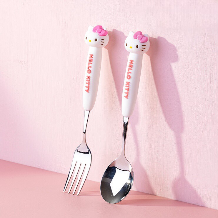 防摔可爱吃饭餐具凯蒂猫勺子叉子套装家用Kitty调羹kt不锈钢勺叉