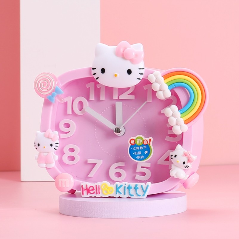 哈喽kt猫闹钟公主房女童粉色卧室床头静音凯蒂猫时钟kitty猫台钟
