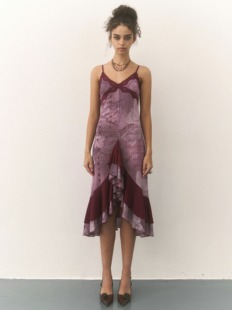 dolomedes 原创设计紫色印花夏季优雅气质蕾丝吊带碎花网纱连衣裙