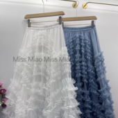 新款 时尚 2025年秋季 松紧腰重工荷叶边大摆网纱半身裙