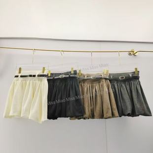 高腰配皮带百褶针织短裙女A字花苞半身裙小个子防走光遮跨短裙