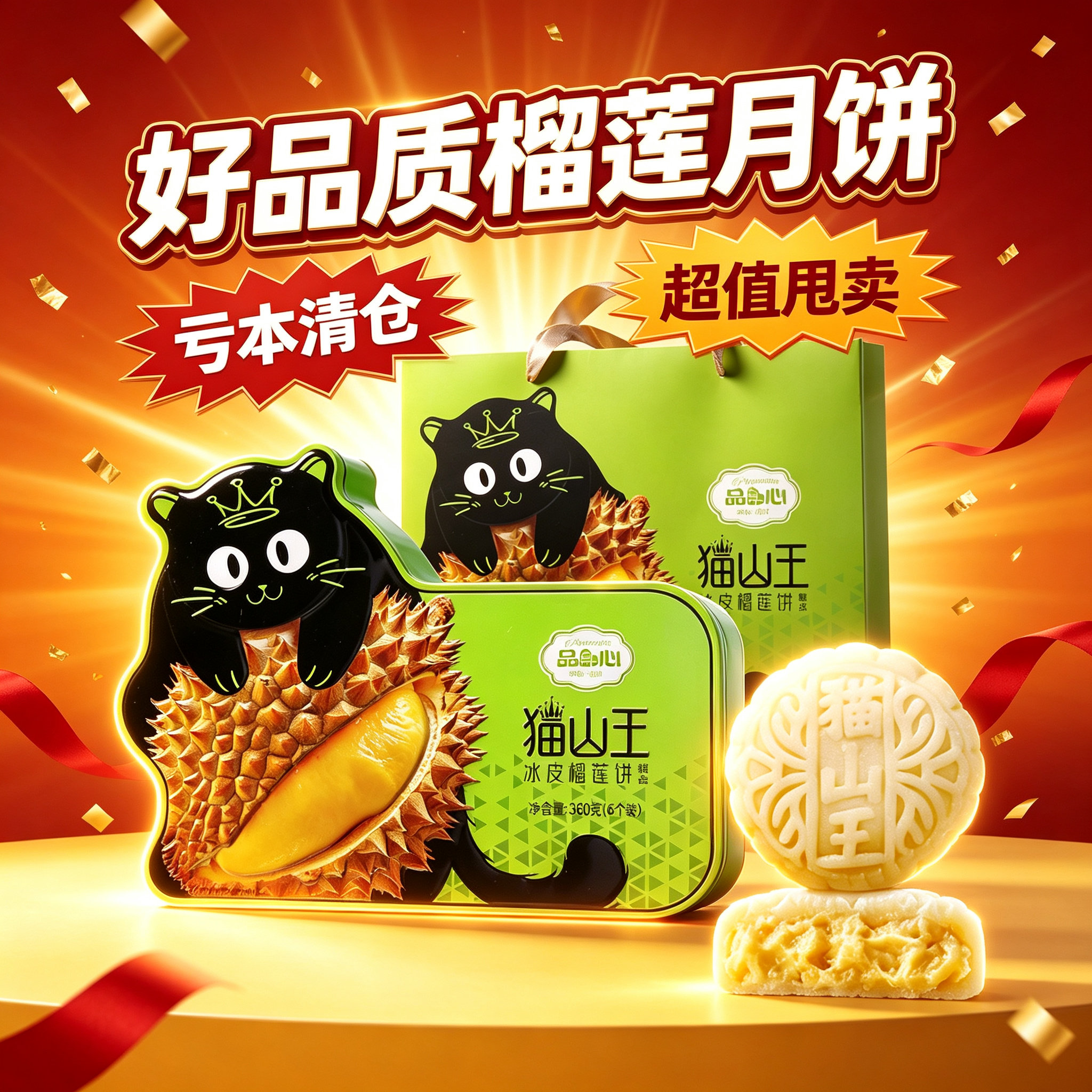 猫山王榴莲冰皮月饼礼盒360g送礼