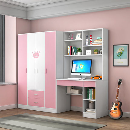 儿童实木衣柜加连带书桌一体组合女童女孩生态板收纳衣橱家用卧室