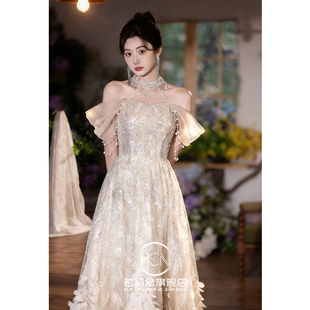 香槟色挂脖晚礼服裙主持生日学生18岁高中生成人礼订婚晨袍敬酒服