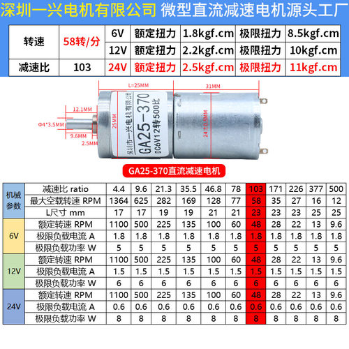 GA25-370微型有刷直流减速电机马达可调速大扭矩可正反转6V12V24V