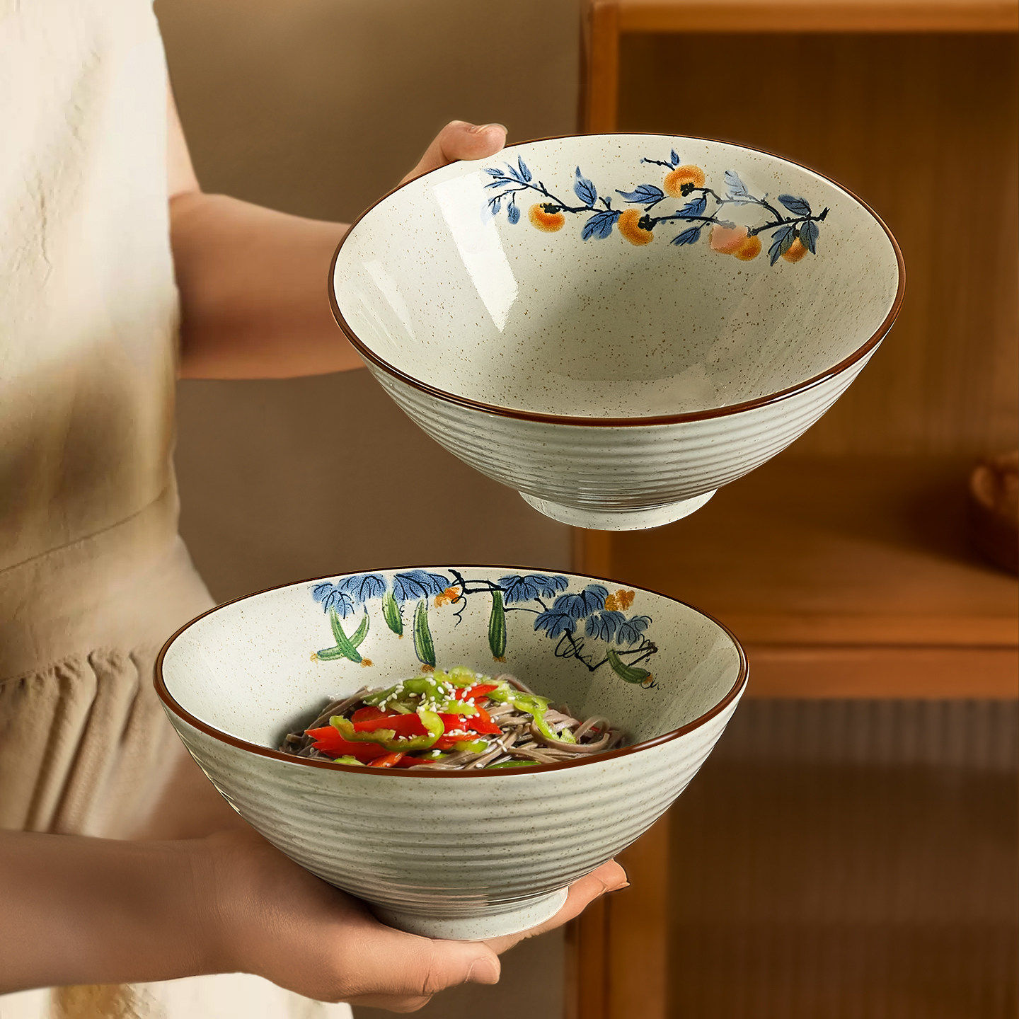 中式复古斗笠面碗家用2026新款陶瓷吃面碗釉下彩拉面碗面条碗,餐饮具,碗,淘宝优惠券,粉丝福利购,淘宝优惠卷