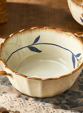 双耳汤碗家用2025新款高颜值陶瓷汤盆大号汤面碗釉下彩吃泡面大碗