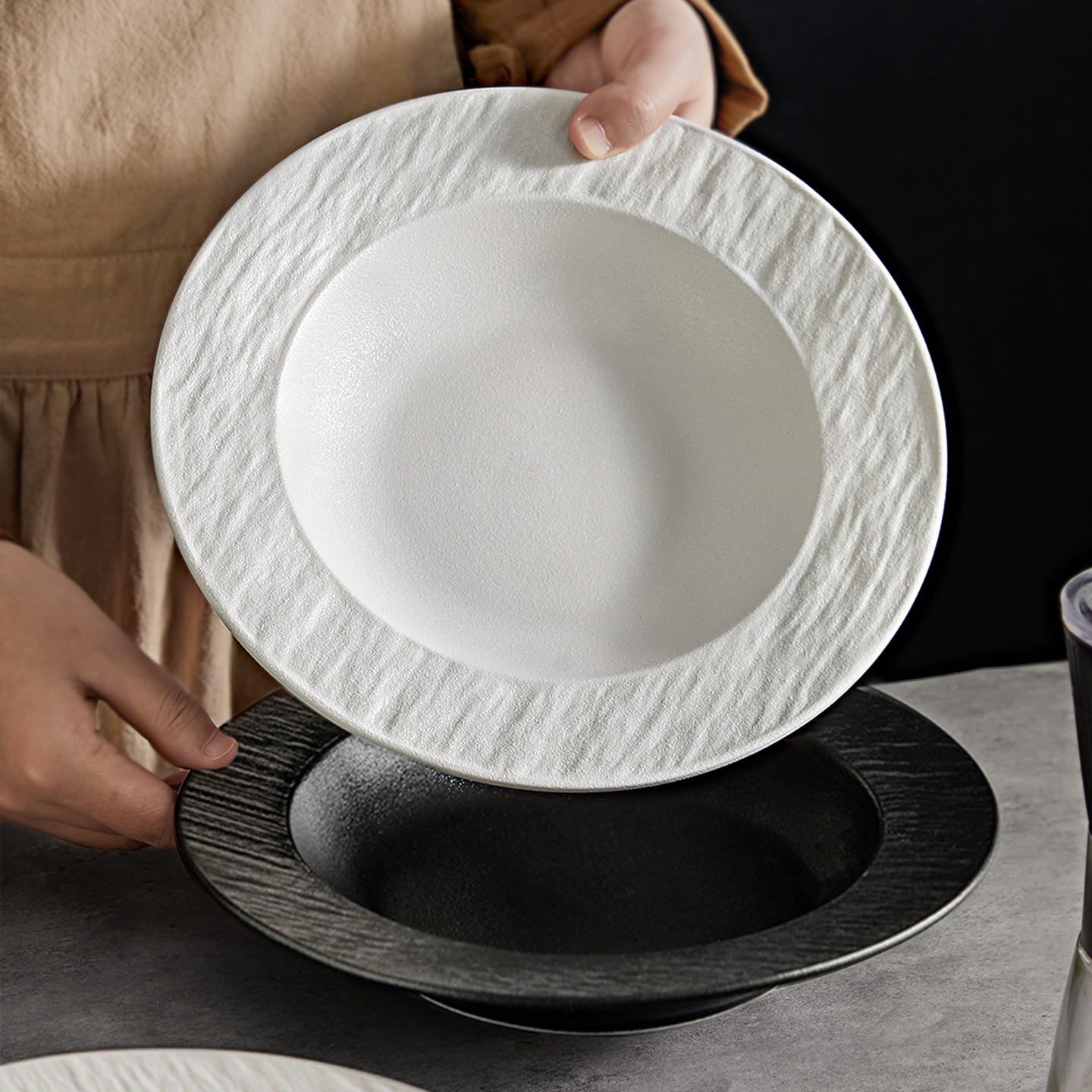 石纹草帽盘意大利面盘深盘子菜盘家用2025新款碗碟餐具高级感轻奢