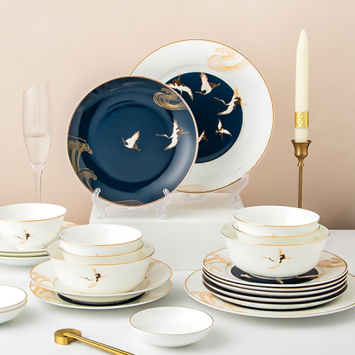 中式金边骨瓷碗碟套装乔迁礼盒装