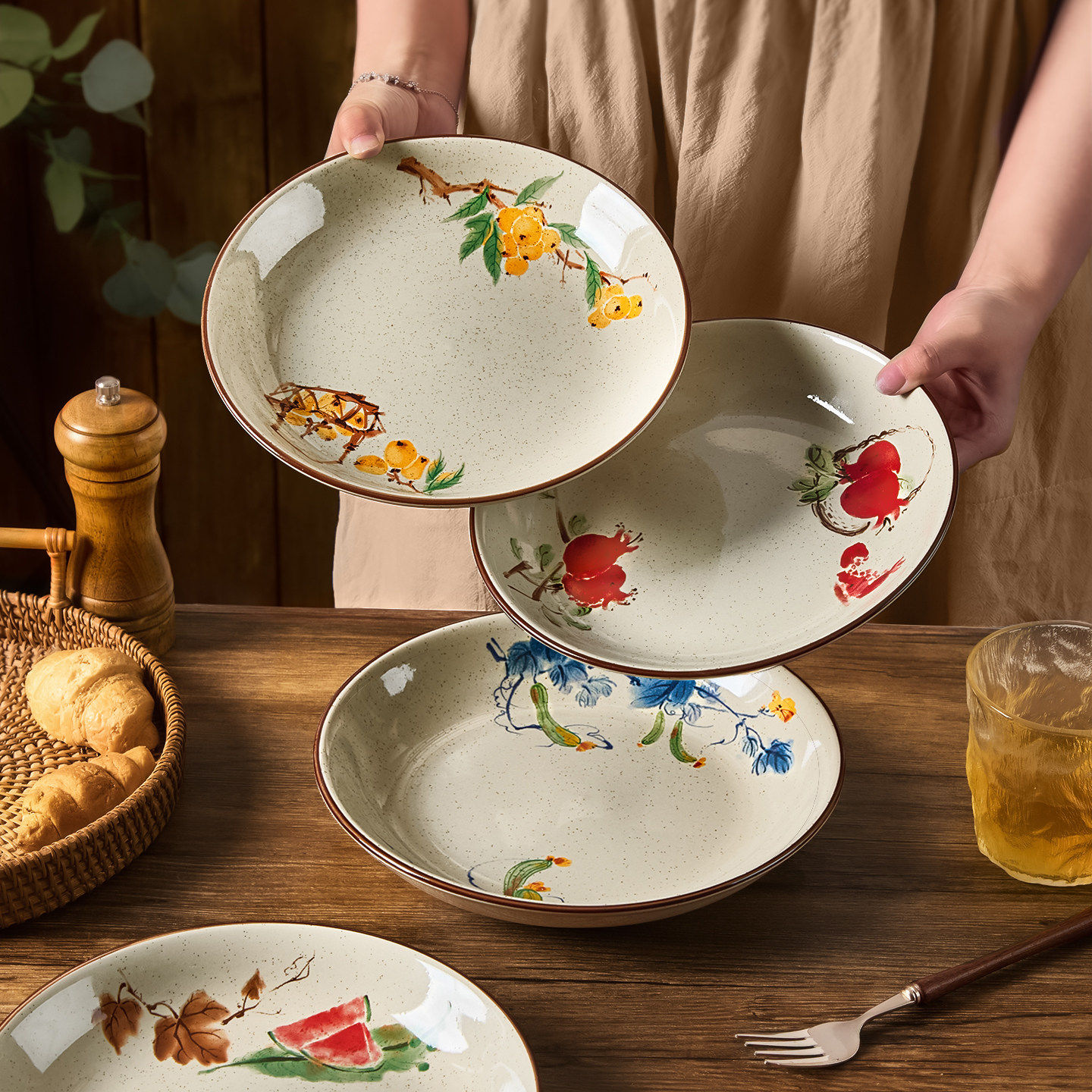 复古陶瓷盘子菜盘家用2026新款8寸深盘釉下彩餐具高颜值碗碟餐盘,餐饮具,盘,淘宝优惠券,粉丝福利购,淘宝优惠卷