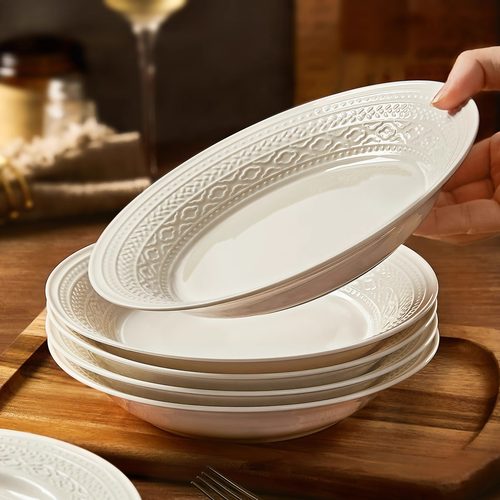 釉下彩浮雕盘子家用菜盘2025新款高级感深盘陶瓷碗碟餐具白色餐盘