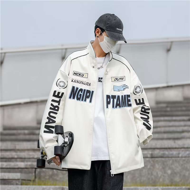 高品质UUS潮牌PU皮夹克男女款赛车服飞行员机车服宽松棒球服外套