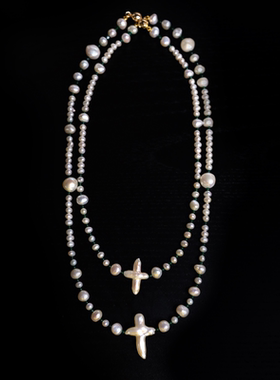 原创绿玉髓十字架珍珠项链嘻哈男