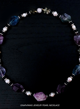 原创萤石黑玛瑙珍珠项链嘻哈男