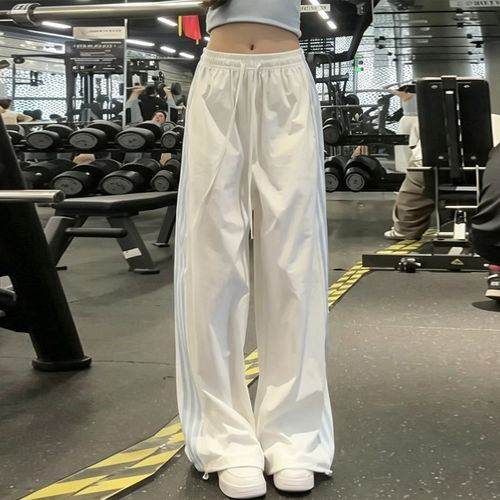 夏天巨好看的薄裤子白色三条杠高腰运动裤女2026年宽松慵懒阔腿裤