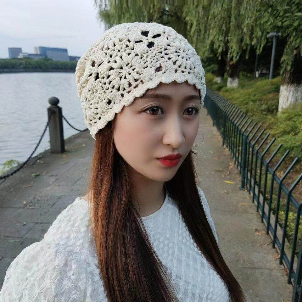 手工钩花镂空帽子女毛线帽春秋单层编织花朵头巾堆堆帽网红针织帽