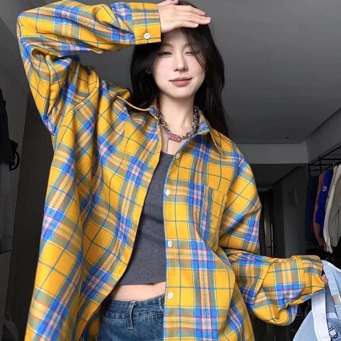 美式黄色格子衬衫长袖衣外套