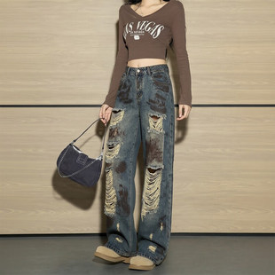 女阔腿高腰显瘦拖地长裤 复古蓝设计感泼墨破洞牛仔裤 新款 2026春季