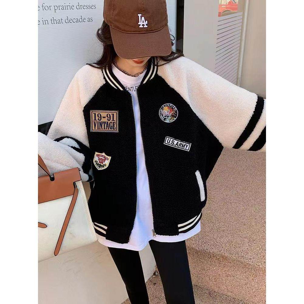 春秋加厚韩版羊羔绒冬季拼接羊羔毛外套女保暖小个情侣棒球服学院