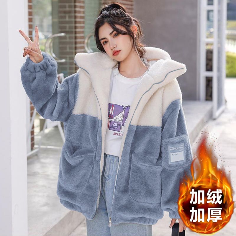 颗粒绒复奥粒绒2025冬季加绒加厚羊羔绒连帽外套长袖中长款卫衣女