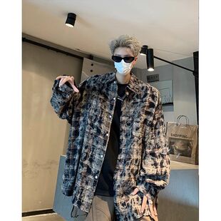设计感扎染格子衬衫男款春秋季潮牌高街长袖衬衣美式复古宽松外套