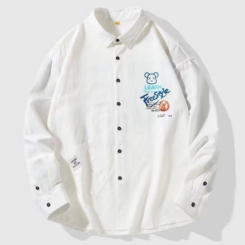 春季新款衬衫男宽松小众设计感上衣男生潮流百搭休闲翻领白色外套