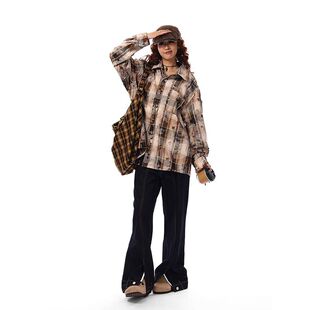 美式复古街头扎染格子衬衫男女春秋款磨毛破洞设计情侣长袖上衣外