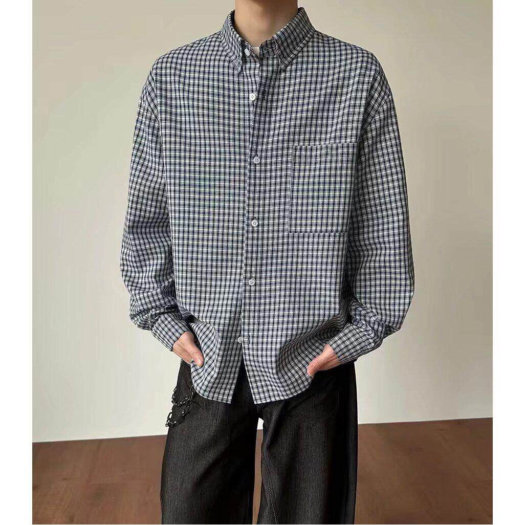 美式复古翻领格子衬衫男女长袖宽松拼接设计感衬衣2026春夏季外套