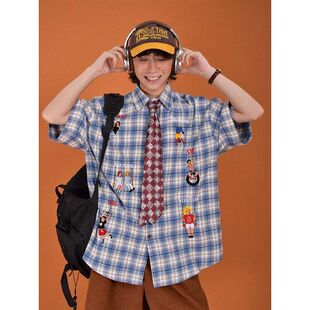 美式高街卡通刺绣短袖衬衫男女情侣同款春秋潮牌格子宽松格纹衬衣