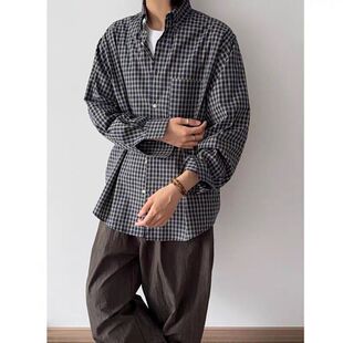 美式复古翻领格子衬衫男女长袖宽松拼接设计感衬衣2026春夏季外套