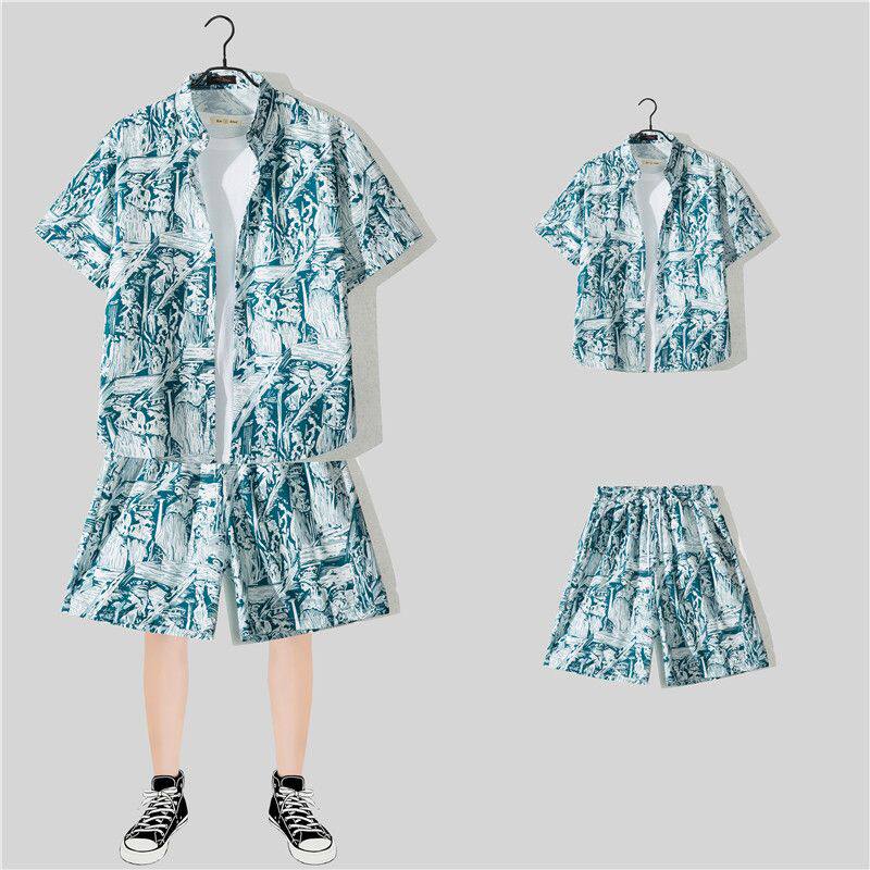 少年感穿搭夏季冰丝花衬衫男短袖短裤高级感痞帅海边度假沙滩套装