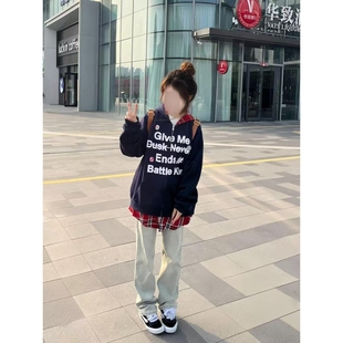 连帽卫衣加绒加厚外套女情侣宽松帽衫 美式 高街假两件拼接格子开衫