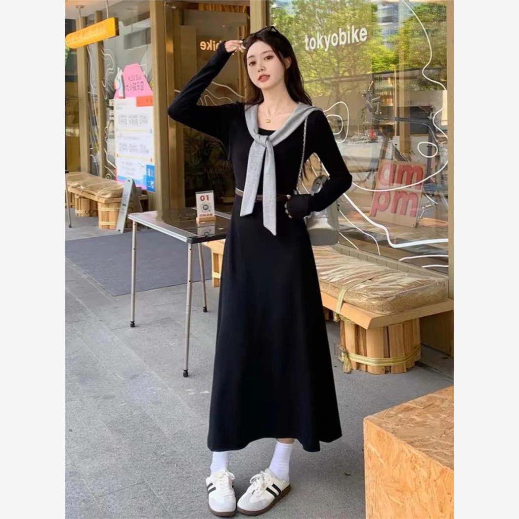 法式气质优雅长袖连衣裙女早秋款设计感收腰显瘦超好看内搭长裙子