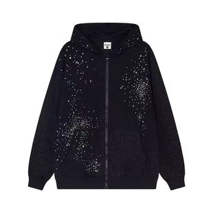 加绒薄款 卫衣宽松型拉链连帽外套 压线撒金辅料烫钻纯棉华棉长袖