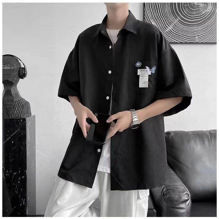 GO短袖衬衫男宽松休闲新款夏季黑色轻奢高级感衬衣美式复古外套