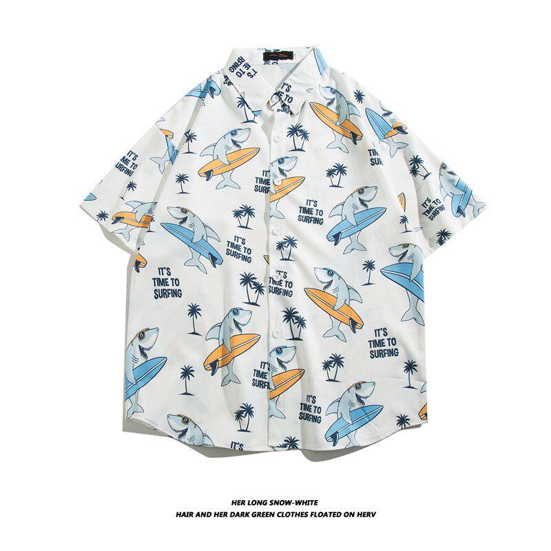 海边度假花衬衫男女士短袖痞帅夏威夷情侣宽松沙滩五分半袖衬上衣