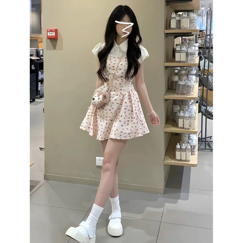 小个子初恋清纯甜美连衣裙女夏日绝美小裙子甜妹粉色公主风碎花裙