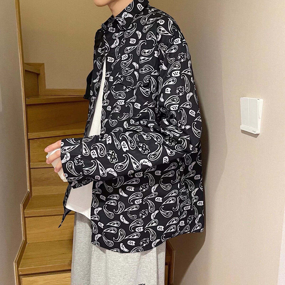 大码男装新中式牛仔夹克男春季新款龙纹提花宽松胖装衬衫长袖外套