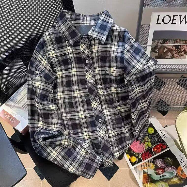 日系简约格子衬衫男女春季长袖宽松复古情侣休闲外穿防晒格纹衬衣