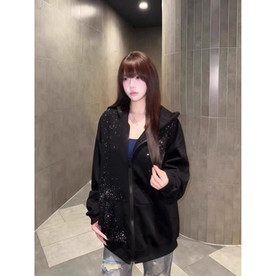 加绒薄款 有内抽压线撒金辅料烫钻华棉宽松拉链百搭连帽卫衣外套女