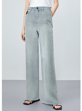 EF【商场同款】高腰显瘦直筒裤2025夏季新款烫钻垂感牛仔裤女