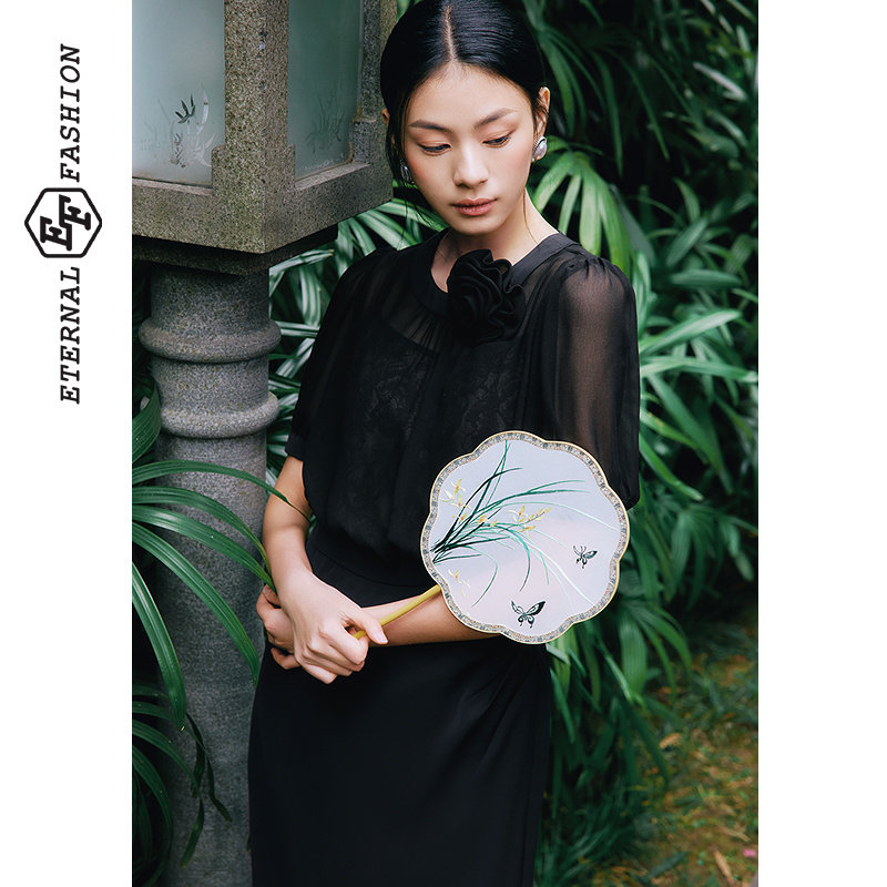 EF高级感轻盈网纱中长裙女夏季新款玫瑰花装饰拼接显瘦连衣裙